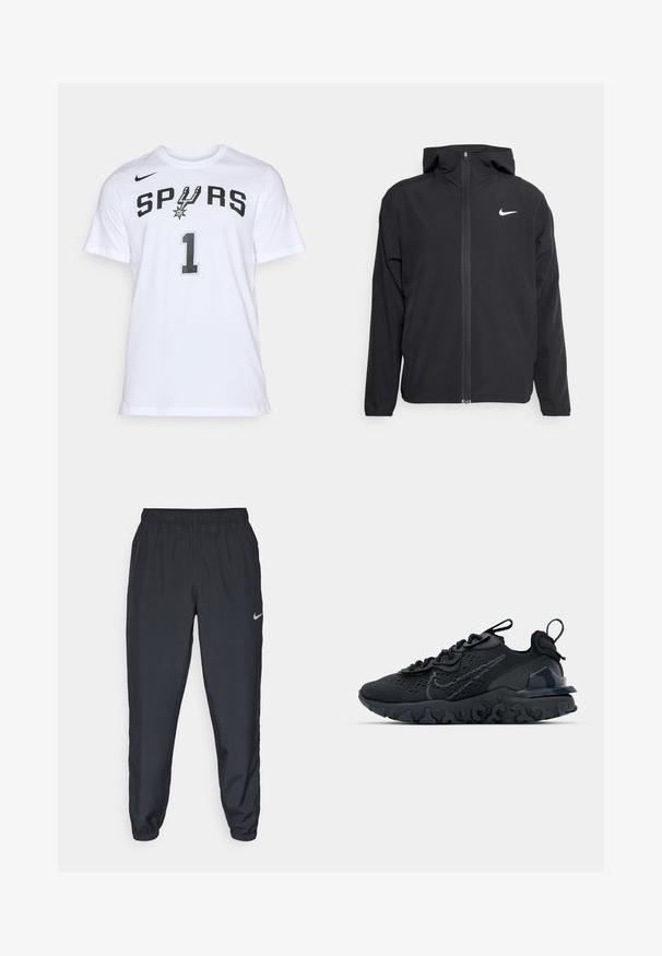 Černá bunda Nike s kapucí, plným předním zipem a decentním bílým logem na levé hrudi. Hladká textura a lehký design.; Bílá bavlněná tričko s textem "SPURS" a číslem "1" v černé barvě, s logem na horním levém rohu. Kolo výstřih, krátké rukávy.; Černé tepláky vyrobené z lehkého materiálu s elastickým pasem, manžetami na kotnících a diskrétním logem Nike na levé straně.; Černá sportovní bota s prodyšným síťovaným svrškem, texturovanými akcenty a vlnkovou gumovou podrážkou. Obsahuje reflexní logo a systém šněrování.
