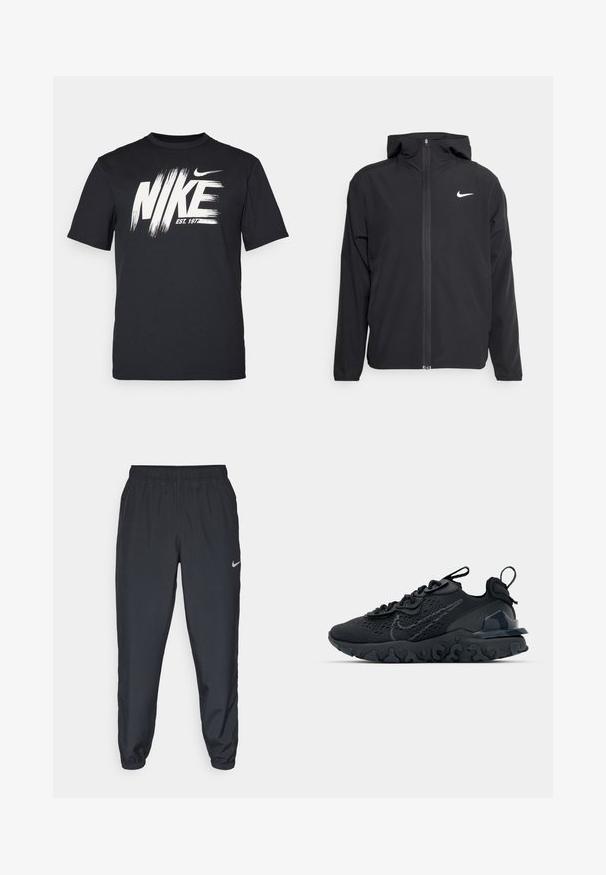 Črna Nike jakna z oblogo, polnim zadrgo in diskretnim belim logotipom na levi strani prsnega koša. Gladka tekstura in lahka zasnova.; Črna kratka majica z rokavi, izdelana iz mehkega materiala, z belim grafičnim logotipom "NIKE" v slogu čopiča in besedilom "EST. 1972" spodaj.; Črne trenirke iz lahkega materiala z elastičnim pasom, manšetami na gležnjih in diskretnim logotipom Nike na levi strani.; Črne športne čevlje z zračno mrežno zgornjim delom, strukturiranimi dodatki in valovitim gumijastim podplatom. Imajo odsevni logo in sistem vezalk.