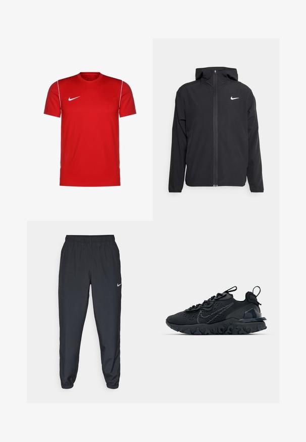 Giacca Nike nera con cappuccio, chiusura frontale con zip e un logo bianco discreto sul lato sinistro del petto. Texture liscia e design leggero.; T-shirt sportivo rosso con maniche corte, collo tondo, cuciture decorative bianche e logo Nike sulla parte superiore sinistra del petto. Realizzato in tessuto traspirante.; Pantaloni da jogging neri realizzati in tessuto leggero con cintura elastica, polsini alla caviglia e un logo Nike discreto sul lato sinistro.; Scarpa sportiva nera con tomaia in mesh traspirante, dettagli testurizzati e suola in gomma ondulata. Presenta un logo riflettente e un sistema di allacciatura.