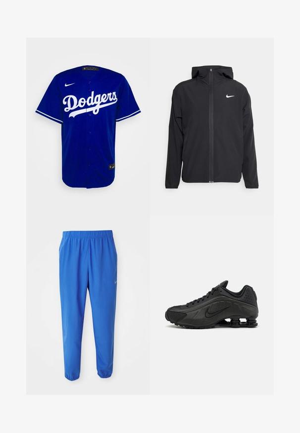 Juodas Nike džemperis su gobtuvu, pilnu priekinio užtrauktuko uždarymu ir subtilia balta logo ant kairiojo krūtinės. Lygus paviršius ir lengvas dizainas.; Mėlynas beisbolo marškinėliai su baltais užrašais "Dodgers", mygtukų priekyje, trumpomis rankovėmis ir Nike logotipu ant kairiojo peties.; Mėlynos sportinės kelnės su elastine juosta, tiesios kojos dizainu ir siaurėjantys rankogaliai. Kairėje pusėje yra auksinis Nike logotipas.; Juodi bėgimo bateliai su lygiu sintetiniu paviršiumi, perforuotomis detalėmis, tekstūruotais šonų skydeliais ir išskirtiniu elastingu padu.