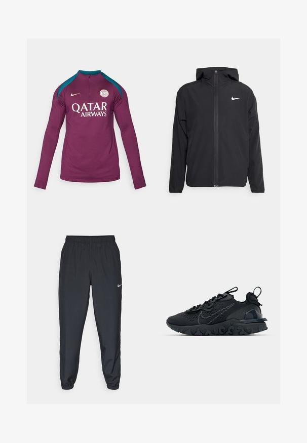 Svart Nike-jacka med huva, fullständig dragkedja fram och en subtil vit logotyp på vänster bröst. Slät textur och lättvikt design.; Lila långärmad sporttröja med halvdragkedja. Fäste tydliga teal axlar och "QATAR AIRWAYS"-logotyp i guld. Nike-emblem på bröstet.; Svarta träningbyxor i lätt tyg med elastisk midja, vristmanchetter och en diskret Nike-logotyp på vänster sida.; Svart idrottssko med ett andningsbart meshöverdrag, texturerade accenter och en vågig gummisula. Utrustad med reflekterande logotyp och snörsystem.