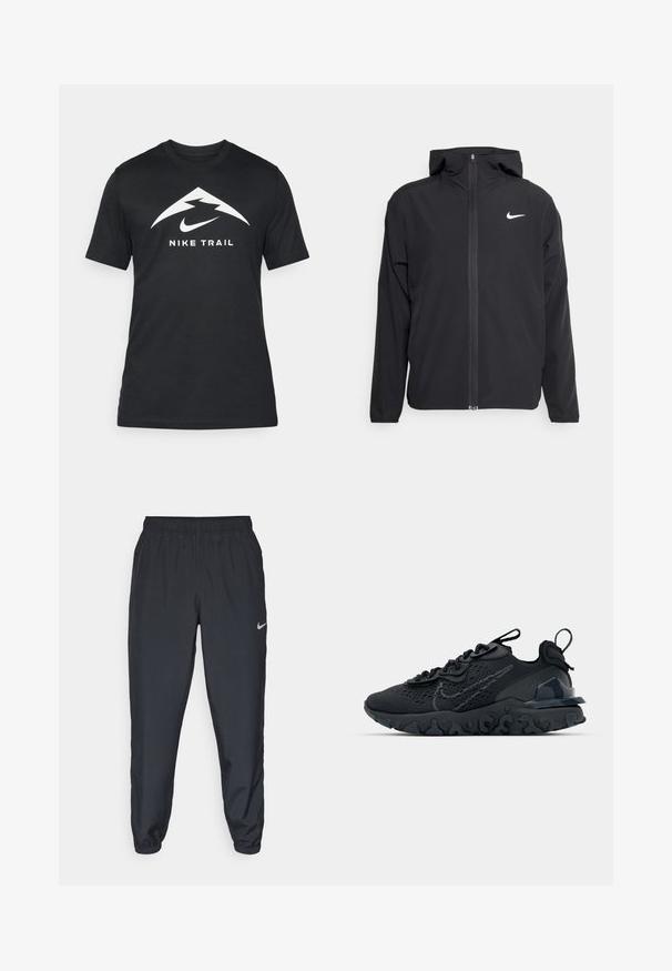 Veste Nike noire avec capuche, fermeture éclair sur toute la longueur à l'avant et un logo blanc discret sur la poitrine gauche. Texture lisse et design léger.; T-shirt Nike Trail noir à manches courtes, avec un logo blanc et un design triangulaire à l'avant. Fabriqué en tissu lisse et léger.; Pantalon de jogging noir en tissu léger avec une ceinture élastique, des poignets aux chevilles et un logo Nike discret sur le côté gauche.; Chaussure de sport noire avec une tige en mesh respirant, des accents texturés et une semelle en caoutchouc ondulée. Comprend un logo réfléchissant et un système de laçage.