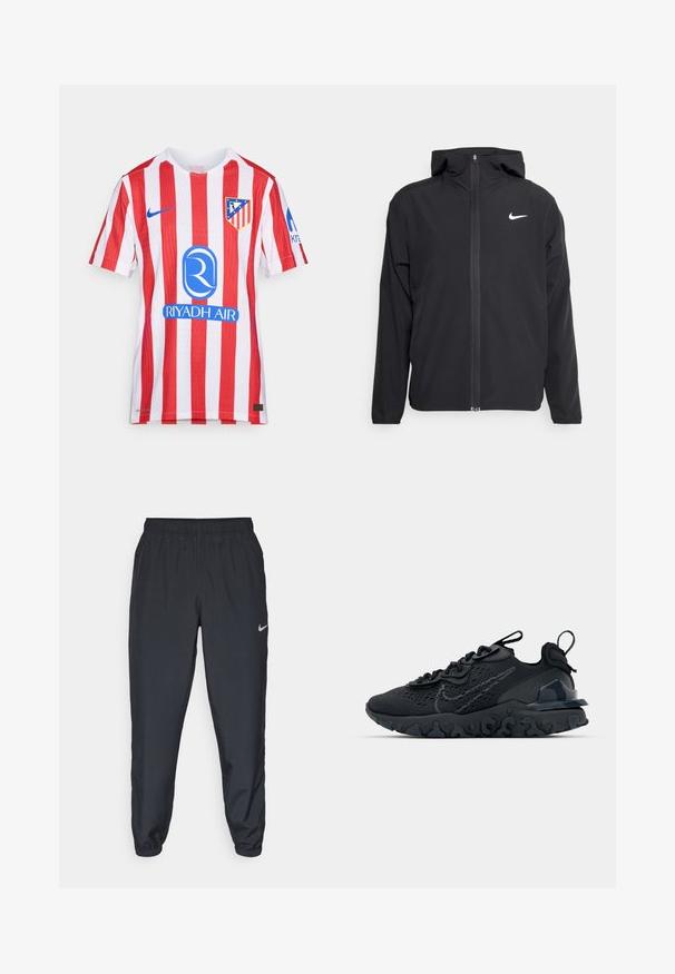 Musta Nike-takki, jossa on huppu, täysimittainen vetoketju edessä ja hienovarainen valkoinen logo vasemmassa rinnassa. Liukas pinta ja kevyt muotoilu.; Punainen ja valkoinen raidallinen jalkapallopaita, joka on valmistettu hengittävästä kankaasta. Edessä on Nike-logo, joukkueen vaakuna ja sininen sponsorilogo.; Mustat juoksuhousut, jotka on valmistettu kevyestä kankaasta, jossa on joustava vyötärö, nilkkasuut ja huomaamaton Nike-logo vasemmalla puolella.; Mustat urheilukengät, joissa on hengittävä verkkomateriaali, kuvioidut yksityiskohdat ja aallokkomuotoinen kumipohja. Varustettu heijastavalla logolla ja nauhajalustalla.