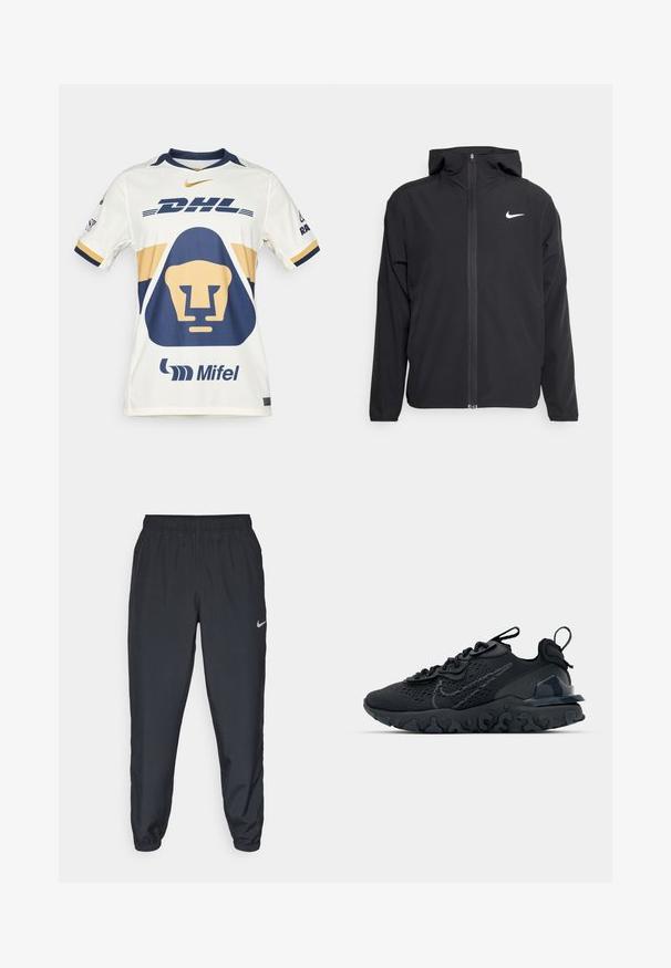 Black Nike jacket featuring a hood, full front zipper, and a subtle white logo on the left chest. Smooth texture and lightweight design.; White sports jersey with navy and gold accents. Features a lion graphic, "DHL" logo, and "Mifel" branding. Short sleeves and round neck design.; Black track pants made from lightweight fabric with an elastic waistband, ankle cuffs, and a discreet Nike logo on the left side.; Black athletic shoe with a breathable mesh upper, textured accents, and a wavy rubber sole. Features reflective logo and lacing system.
