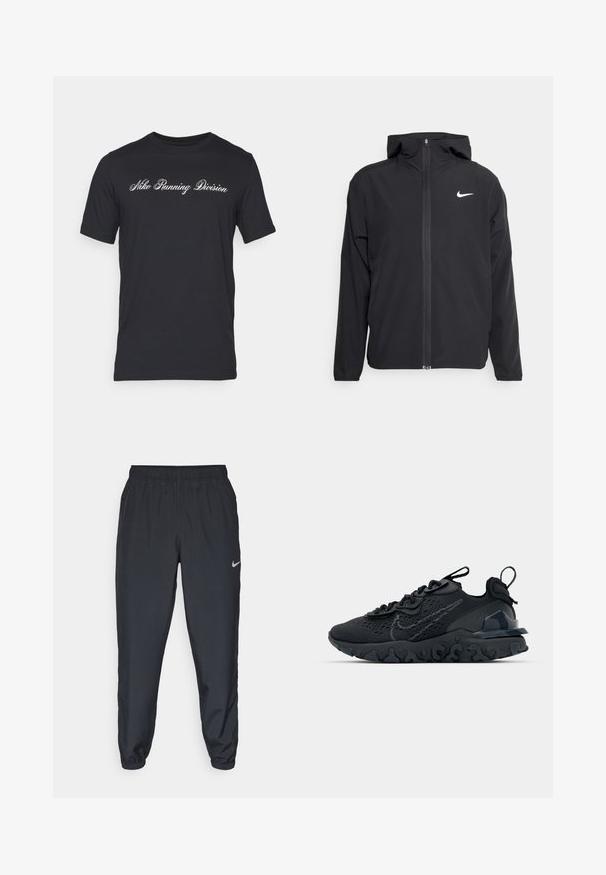 Giacca Nike nera con cappuccio, chiusura frontale con zip e un logo bianco discreto sul lato sinistro del petto. Texture liscia e design leggero.; Nike Performance TEE RUN DIVISION - T-Shirt sport - black; Pantaloni da jogging neri realizzati in tessuto leggero con cintura elastica, polsini alla caviglia e un logo Nike discreto sul lato sinistro.; Scarpa sportiva nera con tomaia in mesh traspirante, dettagli testurizzati e suola in gomma ondulata. Presenta un logo riflettente e un sistema di allacciatura.