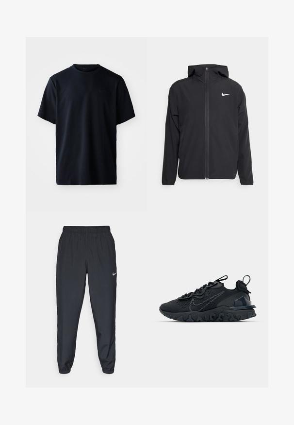 Chaqueta negra de Nike con capucha, cremallera frontal completa y un sutil logo blanco en el lado izquierdo del pecho. Textura suave y diseño ligero.; Camiseta negra de manga corta hecha de un tejido texturizado con un diseño acanalado. Presenta un escote redondo y un pequeño logo en el lado izquierdo del pecho.; Pantalones deportivos negros hechos de tela ligera con una cinturilla elástica, puños en los tobillos y un discreto logo de Nike en el lado izquierdo.; Zapato deportivo negro con una parte superior de malla transpirable, acentos texturizados y una suela de goma ondulada. Presenta un logotipo reflectante y un sistema de cordones.