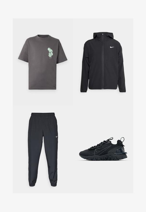 Chaqueta negra de Nike con capucha, cremallera frontal completa y un sutil logo blanco en el lado izquierdo del pecho. Textura suave y diseño ligero.; Camiseta de algodón gris con cuello redondo y mangas cortas, que presenta un diseño gráfico en verde menta en el área del pecho izquierdo.; Pantalones deportivos negros hechos de tela ligera con una cinturilla elástica, puños en los tobillos y un discreto logo de Nike en el lado izquierdo.; Zapato deportivo negro con una parte superior de malla transpirable, acentos texturizados y una suela de goma ondulada. Presenta un logotipo reflectante y un sistema de cordones.