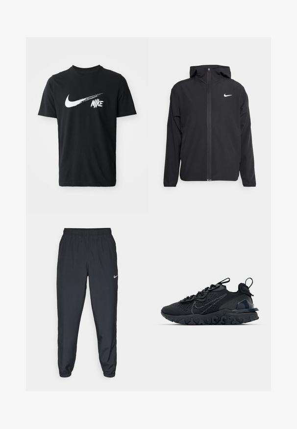 Musta Nike-takki, jossa on huppu, täysimittainen vetoketju edessä ja hienovarainen valkoinen logo vasemmassa rinnassa. Liukas pinta ja kevyt muotoilu.; Mustaa puuvillapaitaa, jossa on suuri valkoinen Nike Swoosh -logo ja tyylitelty "Nike"-teksti edessä. Lyhyet hihat ja pyöreä pääntie.; Mustat juoksuhousut, jotka on valmistettu kevyestä kankaasta, jossa on joustava vyötärö, nilkkasuut ja huomaamaton Nike-logo vasemmalla puolella.; Mustat urheilukengät, joissa on hengittävä verkkomateriaali, kuvioidut yksityiskohdat ja aallokkomuotoinen kumipohja. Varustettu heijastavalla logolla ja nauhajalustalla.