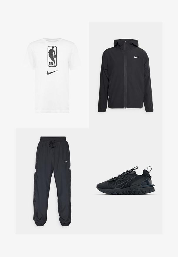 Casaco Nike preto com capuz, fecho frontal completo e um logótipo branco discreto no lado esquerdo do peito. Textura suave e design leve.; Camiseta de algodão branca com um gráfico do logo da NBA em preto e o logo da Nike em preto. Design clássico de gola redonda e mangas curtas.; Calças de atletismo pretas com cintura elástica, cordão ajustável, bolsos laterais e detalhes de risca branca contrastante ao longo dos lados.; Sapatilha atlética preta com parte superior de malha respirável, detalhes texturizados e sola de borracha ondulada. Apresenta um logotipo reflexivo e um sistema de atilho.