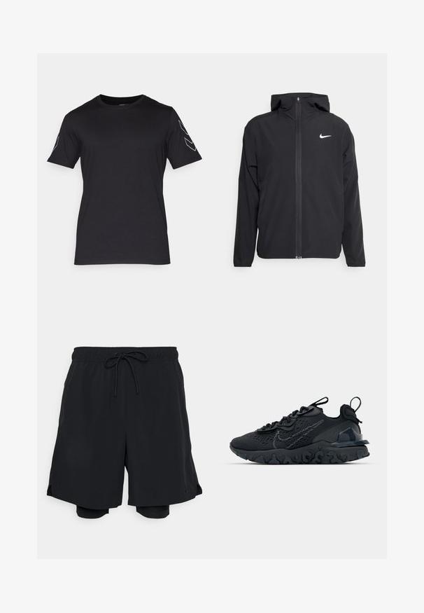 Sort Nike-jakke med hætte, fuld frontlynlås og et diskret hvidt logo på venstre bryst. Glat tekstur og letvægtsdesign.; Hummel ELEMENTAL CHEVRON - T-shirts print - black; Svarte sports shorts lavet af letvægtsstof, med en elastisk talje med snor og en tætsiddende indershorts.; Sort atletisk sko med en åndbar mesh-overdel, teksturerede detaljer og en bølget gummisål. Har reflekterende logo og snørresystem.