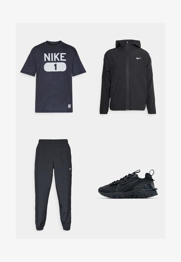 Casaco Nike preto com capuz, fecho frontal completo e um logótipo branco discreto no lado esquerdo do peito. Textura suave e design leve.; T-shirt azul-marinho de manga curta feito de algodão, com um grande logotipo impresso em branco "NIKE" e o número "1" na frente.; Calças de treino pretas feitas de um tecido leve, com um cós elástico, punhos nos tornozelos e um discreto logótipo da Nike no lado esquerdo.; Sapatilha atlética preta com parte superior de malha respirável, detalhes texturizados e sola de borracha ondulada. Apresenta um logotipo reflexivo e um sistema de atilho.