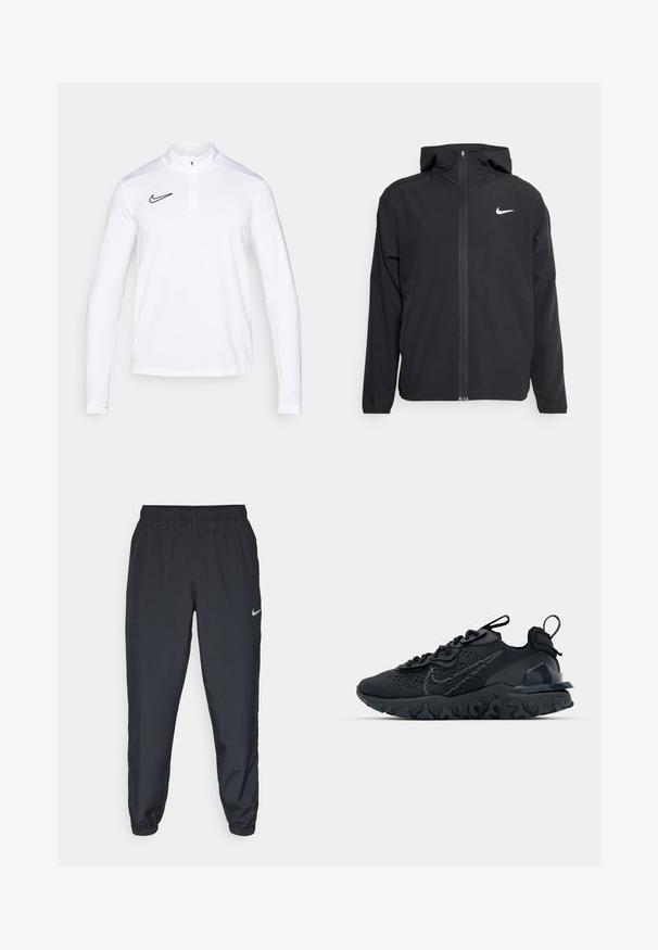 Schwarze Nike-Jacke mit Kapuze, vollem Reißverschluss vorne und einem dezenten weißen Logo auf der linken Brust. Glatte Textur und leichtes Design.; Weißes Langarm-Sportoberteil mit einem halb versteckten Reißverschlusskragen; hat ein schwarzes Nike-Logo auf der Brust und strukturierte Seitenpaneele.; Schwarze Trainingshose aus einem leichten Stoff mit elastischem Bund, Knöchelabschlüssen und einem dezenten Nike-Logo auf der linken Seite.; Schwarzer Sportschuh mit atmungsaktivem Mesh-Obermaterial, strukturierten Akzenten und einer wellenförmigen Gummisohle. Verfügt über ein reflektierendes Logo und ein Schnürsystem.