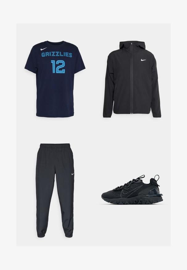 Schwarze Nike-Jacke mit Kapuze, vollem Reißverschluss vorne und einem dezenten weißen Logo auf der linken Brust. Glatte Textur und leichtes Design.; Navyblaue Baumwoll-T-Shirt mit kurzen Ärmeln, das "GRIZZLIES" und die Nummer "12" in hellblauen Buchstaben zeigt. Nike-Logo auf der linken Schulter vorne.; Schwarze Trainingshose aus einem leichten Stoff mit elastischem Bund, Knöchelabschlüssen und einem dezenten Nike-Logo auf der linken Seite.; Schwarzer Sportschuh mit atmungsaktivem Mesh-Obermaterial, strukturierten Akzenten und einer wellenförmigen Gummisohle. Verfügt über ein reflektierendes Logo und ein Schnürsystem.