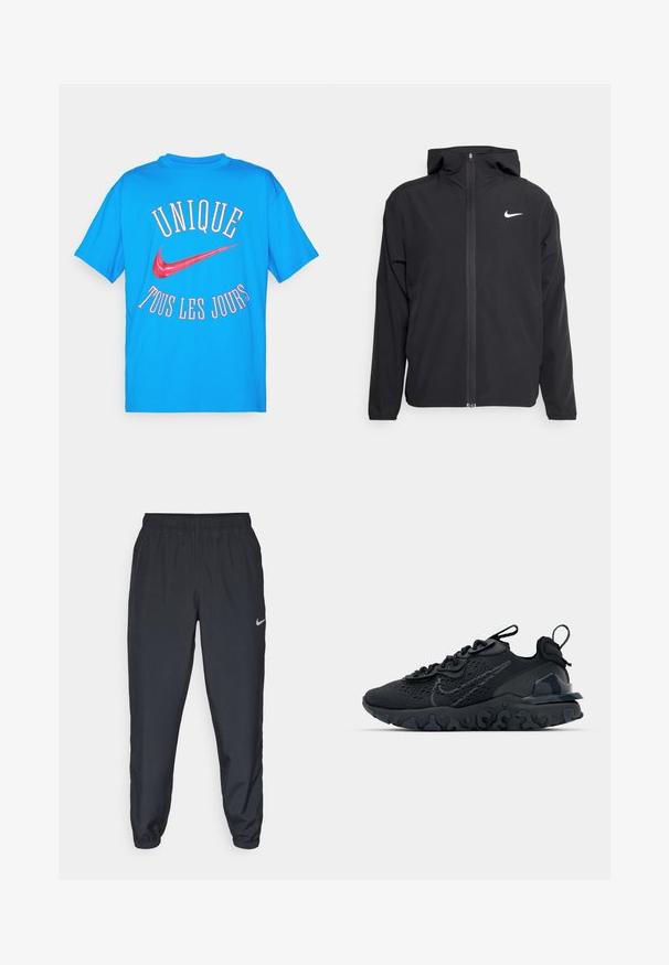 Melna Nike jakna ar kapuci, pilnu priekšējo rāvējslēdzēju un smalku baltu logotipu kreisajā krūtī. Gluda tekstūra un viegla konstrukcija.; Zila kokvilnas T-krekls ar sarkanu tekstu "UNIQUE TOUS LES JOURS" un sarkanu Nike swoosh logotipu aizmugurē, īsām piedurknēm, ar apaļu kakla izgriezumu.; Melnas sporta bikses, izgatavotas no viegla auduma, ar elastīgu jostasvietu, potīšu malām un diskretu Nike logo kreisajā pusē.; Melnas sporta kurpes ar elpojošu sieta augšdaļu, teksturētām akcentiem un viļņotu gumijas zoli. Iekļauj atstarojošu logotipu un šņorēšanas sistēmu.