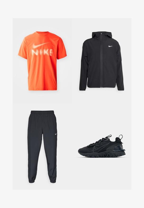Casaco Nike preto com capuz, fecho frontal completo e um logótipo branco discreto no lado esquerdo do peito. Textura suave e design leve.; T-shirt de algodão laranja com um logótipo branco da Nike, com riscas horizontais, decote redondo e mangas curtas. Textura suave, ajuste casual.; Calças de treino pretas feitas de um tecido leve, com um cós elástico, punhos nos tornozelos e um discreto logótipo da Nike no lado esquerdo.; Sapatilha atlética preta com parte superior de malha respirável, detalhes texturizados e sola de borracha ondulada. Apresenta um logotipo reflexivo e um sistema de atilho.