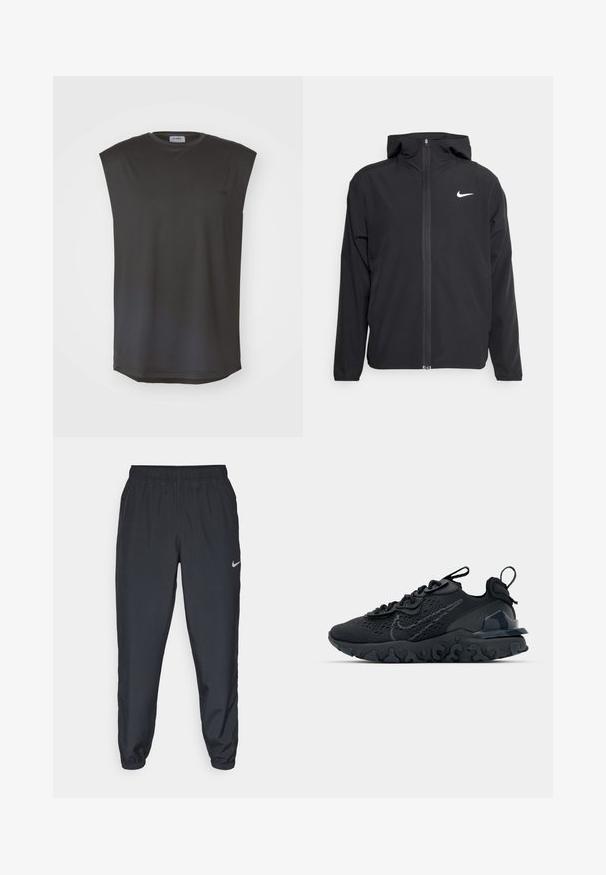 Čierna bunda Nike so kapucňou, plným predným zipsom a diskrétnym bielym logom na ľavom prsníku. Hladká textúra a ľahká konštrukcia.; ICANIWILL STRIDE SLEEVELESS MEN - Top - graphite; Čierne teplákové nohavice vyrobené z ľahkého materiálu s elastickým pásom, manžetami na členkoch a diskrétnym logom Nike na ľavej strane.; Čierna atletická topánka s priedušným sieťovaným zvrškom, textúrovanými akcentmi a vlnovou gumovou podrážkou. Obsahuje reflexné logo a systém šnurovania.