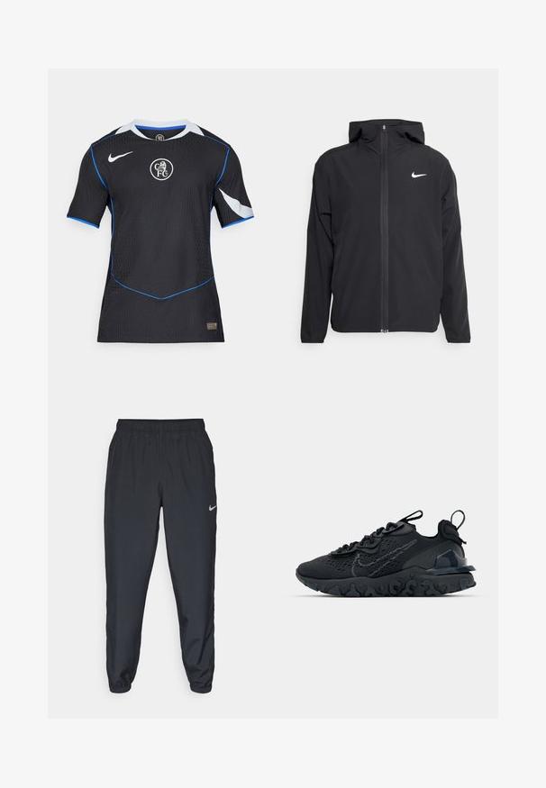 Chaqueta negra de Nike con capucha, cremallera frontal completa y un sutil logo blanco en el lado izquierdo del pecho. Textura suave y diseño ligero.; Jersey negro de manga corta con acentos azules, tejido texturizado y cuello redondo. Presenta un logo en el centro y paneles laterales blancos.; Pantalones deportivos negros hechos de tela ligera con una cinturilla elástica, puños en los tobillos y un discreto logo de Nike en el lado izquierdo.; Zapato deportivo negro con una parte superior de malla transpirable, acentos texturizados y una suela de goma ondulada. Presenta un logotipo reflectante y un sistema de cordones.