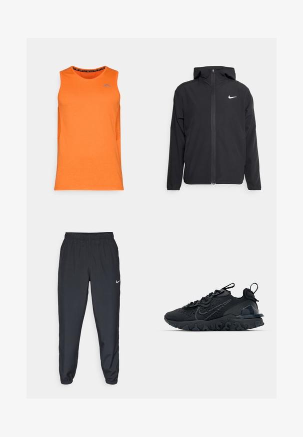 Schwarze Nike-Jacke mit Kapuze, vollem Reißverschluss vorne und einem dezenten weißen Logo auf der linken Brust. Glatte Textur und leichtes Design.; Orange ärmelloses Sporttanktop mit einem Netztextur an den Seiten und einem blauen Logo auf der Brust. Glattes Material, Rundhalsausschnitt.; Schwarze Trainingshose aus einem leichten Stoff mit elastischem Bund, Knöchelabschlüssen und einem dezenten Nike-Logo auf der linken Seite.; Schwarzer Sportschuh mit atmungsaktivem Mesh-Obermaterial, strukturierten Akzenten und einer wellenförmigen Gummisohle. Verfügt über ein reflektierendes Logo und ein Schnürsystem.