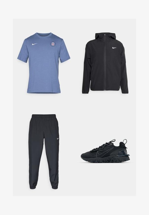 Crna Nike jakna s kapuljačom, punim prednjim patentnim zatvaračem i suptilnim bijelim logotipom na lijevoj strani prsnog koša. Glatka tekstura i lagani dizajn.; Plava majica s kratkim rukavima od mješavine pamuka. Ima bijeli Nike logo i okrugli Paris logo na lijevoj strani prsnog koša. Mekana tekstura.; Crne trenirke od laganog materijala s elastičnom trakom u struku, manžetama na gležnjevima i diskretnim Nike logom s lijeve strane.; Crne atletske cipele s prozračnom mrežastom gornjom djelom, teksturiranim detaljima i valovitom gumenom potplatom. Sadrži reflektirajući logo i sistem vezanja.
