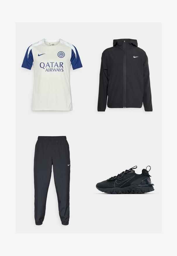 Veste Nike noire avec capuche, fermeture éclair sur toute la longueur à l'avant et un logo blanc discret sur la poitrine gauche. Texture lisse et design léger.; Maillot de football Nike blanc et marine avec des manches courtes, col ras du cou, logo Qatar Airways et emblème circulaire intercalé du club sur la poitrine.; Pantalon de jogging noir en tissu léger avec une ceinture élastique, des poignets aux chevilles et un logo Nike discret sur le côté gauche.; Chaussure de sport noire avec une tige en mesh respirant, des accents texturés et une semelle en caoutchouc ondulée. Comprend un logo réfléchissant et un système de laçage.