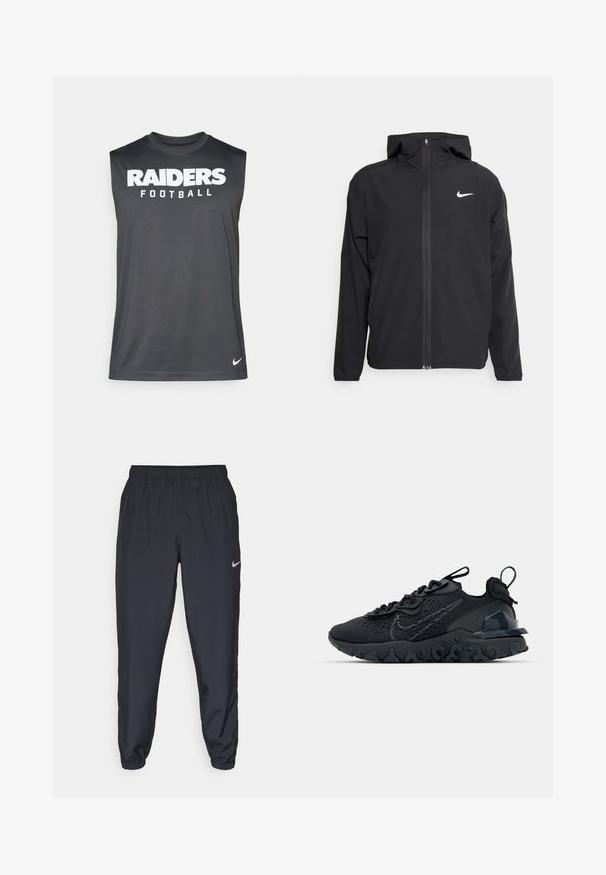 Giacca Nike nera con cappuccio, chiusura frontale con zip e un logo bianco discreto sul lato sinistro del petto. Texture liscia e design leggero.; Canotta grigia senza maniche realizzata in tessuto leggero, con la scritta bianca "RAIDERS Football". Logo Nike nell'angolo in basso a destra.; Pantaloni da jogging neri realizzati in tessuto leggero con cintura elastica, polsini alla caviglia e un logo Nike discreto sul lato sinistro.; Scarpa sportiva nera con tomaia in mesh traspirante, dettagli testurizzati e suola in gomma ondulata. Presenta un logo riflettente e un sistema di allacciatura.