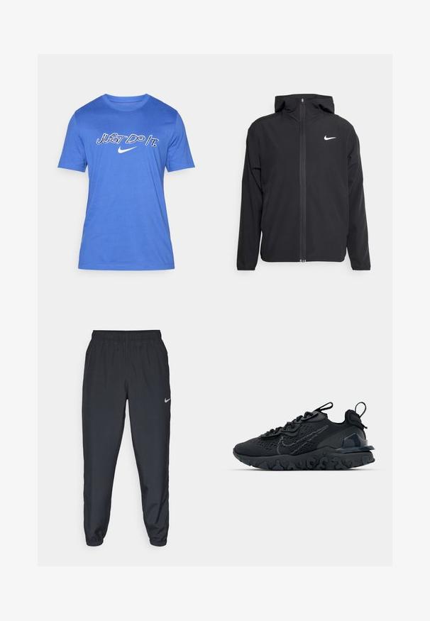 Svart Nike-jakke med hette, full frontglidelås og en subtil hvit logo på venstre bryst. Glatt tekstur og lett design.; Blå bomull T-skjorte med rund hals, korte ermer og hvit "Just Do It." tekst med et Nike-logo i midten.; Svarte joggebukser laget av lett stoff med elastisk midje, ankelmanchetter og en diskret Nike-logo på venstre side.; Svart treningssko med et pustende nettobert overdel, teksturerte detaljer og en bølget gummisåle. Har reflekterende logo og snøresystem.