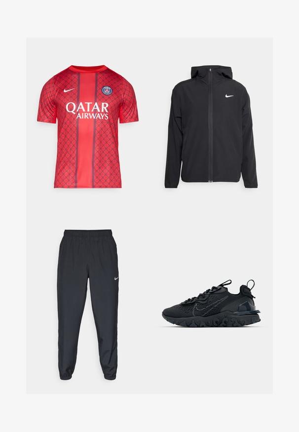 Giacca Nike nera con cappuccio, chiusura frontale con zip e un logo bianco discreto sul lato sinistro del petto. Texture liscia e design leggero.; Maglietta sportiva rossa con motivo geometrico, maniche corte, scollatura rotonda, logo Nike e testo "Qatar Airways". Badge PSG sul petto.; Pantaloni da jogging neri realizzati in tessuto leggero con cintura elastica, polsini alla caviglia e un logo Nike discreto sul lato sinistro.; Scarpa sportiva nera con tomaia in mesh traspirante, dettagli testurizzati e suola in gomma ondulata. Presenta un logo riflettente e un sistema di allacciatura.