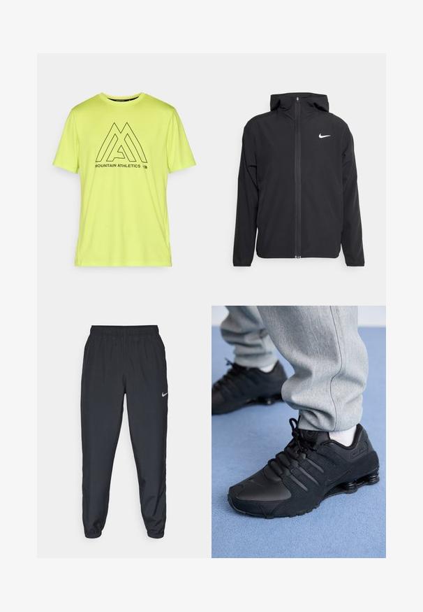 Čierna bunda Nike so kapucňou, plným predným zipsom a diskrétnym bielym logom na ľavom prsníku. Hladká textúra a ľahká konštrukcia.; Jasne neonovo žlté športové tričko vyrobené z mäkkej tkaniny, s čiernym grafickým dizajnom a textom a logom "MOUNTAIN ATHLETICS".; Čierne teplákové nohavice vyrobené z ľahkého materiálu s elastickým pásom, manžetami na členkoch a diskrétnym logom Nike na ľavej strane.; Osoba v čiernych teniskách Nike Shox a šedých teplákoch stojí na svetlomodrom koberci.