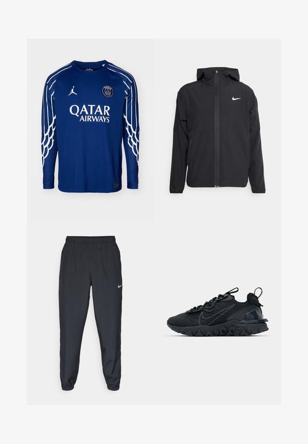Jachetă neagră Nike cu glugă, fermoar pe toată fața și un logo alb subtil pe pieptul stâng. Textură netedă și design ușor.; Nike Performance PSG 4TH - Bluză fotbal - blue void/phantom; Pantaloni sport negri dintr-un material ușor, cu un band elastic la talie, mansete la glezne și un logo Nike discret pe partea stângă.; Pantofii sport negri au un superior din plasă respirabilă, accente texturate și o talpă din cauciuc ondulată. Prezintă un logo reflectorizant și un sistem de șirete.
