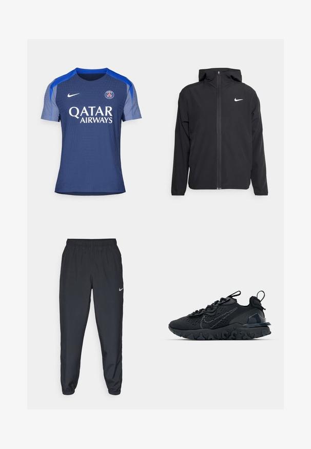 Čierna bunda Nike so kapucňou, plným predným zipsom a diskrétnym bielym logom na ľavom prsníku. Hladká textúra a ľahká konštrukcia.; Námornícka modrá športová dres s krátkymi rukávmi a okrúhlym výstrihom, s svetlomodrými akcentmi, logom Nike a nápisom "Qatar Airways" v bielej farbe.; Čierne teplákové nohavice vyrobené z ľahkého materiálu s elastickým pásom, manžetami na členkoch a diskrétnym logom Nike na ľavej strane.; Čierna atletická topánka s priedušným sieťovaným zvrškom, textúrovanými akcentmi a vlnovou gumovou podrážkou. Obsahuje reflexné logo a systém šnurovania.