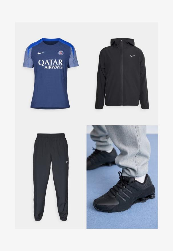 Casaco Nike preto com capuz, fecho frontal completo e um logótipo branco discreto no lado esquerdo do peito. Textura suave e design leve.; Camisa de atletismo azul-marinho de manga curta com decote redondo, apresentando detalhes em azul-claro, um logo da Nike e "Qatar Airways" impresso em branco.; Calças de treino pretas feitas de um tecido leve, com um cós elástico, punhos nos tornozelos e um discreto logótipo da Nike no lado esquerdo.; Pessoa vestindo tênis Nike Shox pretos e calças de moletom cinzas, de pé em um tapete azul claro.