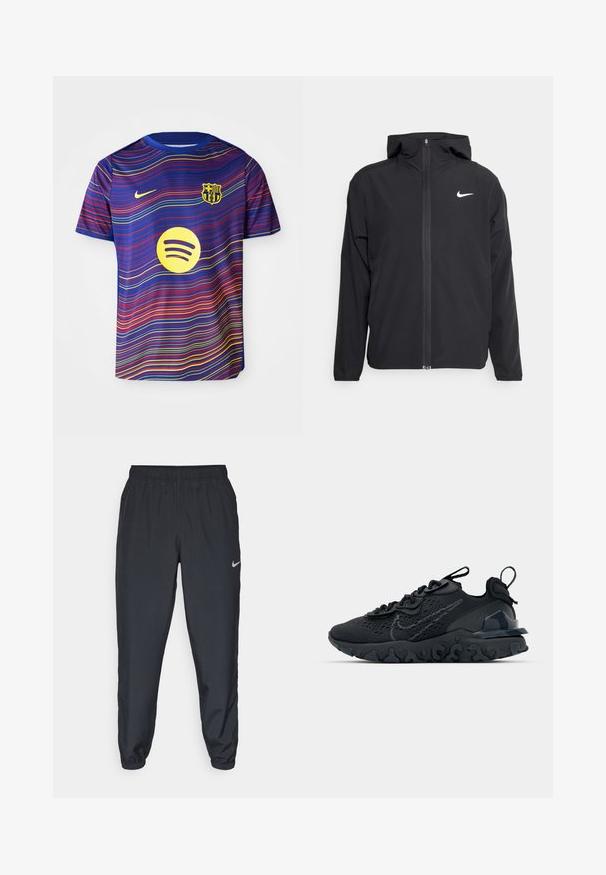 Crna Nike jakna s kapuljačom, punim prednjim patentnim zatvaračem i suptilnim bijelim logotipom na lijevoj strani prsnog koša. Glatka tekstura i lagani dizajn.; Fudbalska majica Barcelone u plavoj boji s crvenim i žutim valovitim uzorcima. Sadrži Nike logo i žuti Spotify logo na prednjoj strani.; Crne trenirke od laganog materijala s elastičnom trakom u struku, manžetama na gležnjevima i diskretnim Nike logom s lijeve strane.; Crne atletske cipele s prozračnom mrežastom gornjom djelom, teksturiranim detaljima i valovitom gumenom potplatom. Sadrži reflektirajući logo i sistem vezanja.