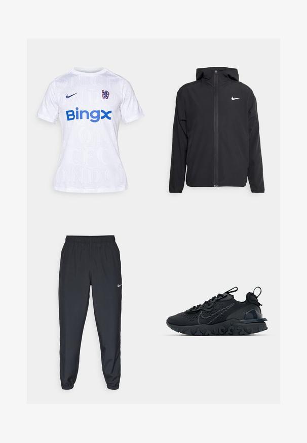 Černá bunda Nike s kapucí, plným předním zipem a decentním bílým logem na levé hrudi. Hladká textura a lehký design.; Bílý sportovní dres vyrobený z lehkého materiálu. Obsahuje modré logo "Bingx" a barevný erb. V pozadí jsou decentní texturovaná písmena.; Černé tepláky vyrobené z lehkého materiálu s elastickým pasem, manžetami na kotnících a diskrétním logem Nike na levé straně.; Černá sportovní bota s prodyšným síťovaným svrškem, texturovanými akcenty a vlnkovou gumovou podrážkou. Obsahuje reflexní logo a systém šněrování.