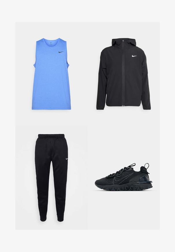 Svart Nike-jacka med huva, fullständig dragkedja fram och en subtil vit logotyp på vänster bröst. Slät textur och lättvikt design.; Ljust blå ärmlös träningströja i slät tyg. Har rund halsringning och svart Nike-logotyp på övre vänster sida.; Svarta Nike-joggers med elastisk midja, avsmalnande ben och subtil logotypdetalj. Tillverkade av ett mjukt tyg med en enkel design.; Svart idrottssko med ett andningsbart meshöverdrag, texturerade accenter och en vågig gummisula. Utrustad med reflekterande logotyp och snörsystem.