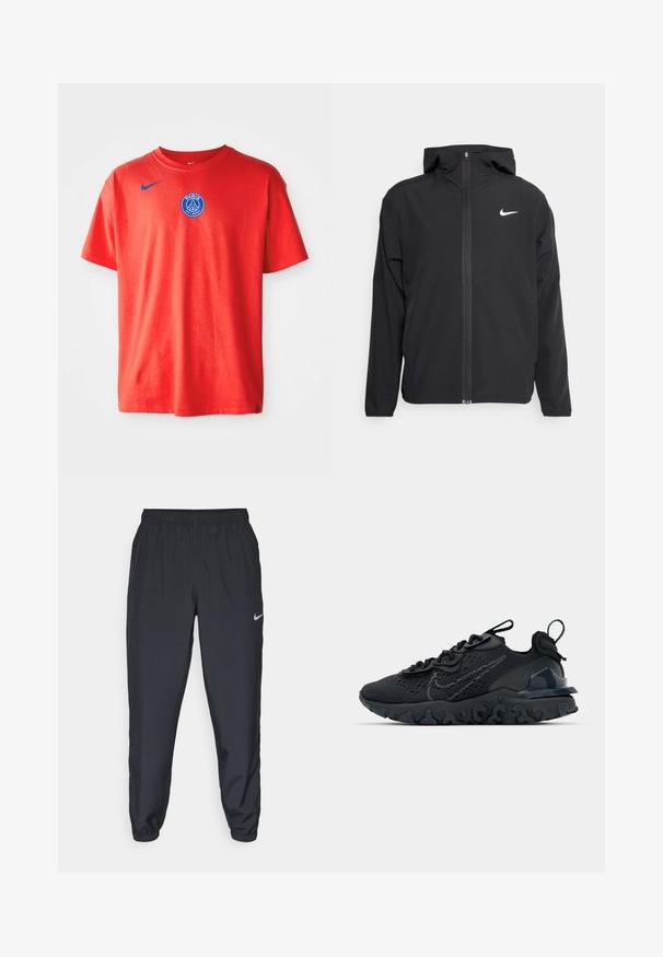 Veste Nike noire avec capuche, fermeture éclair sur toute la longueur à l'avant et un logo blanc discret sur la poitrine gauche. Texture lisse et design léger.; T-shirt en coton rouge avec un logo Nike bleu sur l'épaule gauche et un insigne du Paris Saint-Germain bleu au centre de la poitrine. Manches courtes.; Pantalon de jogging noir en tissu léger avec une ceinture élastique, des poignets aux chevilles et un logo Nike discret sur le côté gauche.; Chaussure de sport noire avec une tige en mesh respirant, des accents texturés et une semelle en caoutchouc ondulée. Comprend un logo réfléchissant et un système de laçage.