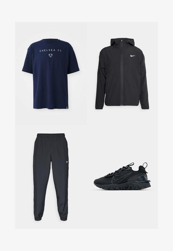 Svart Nike-jacka med huva, fullständig dragkedja fram och en subtil vit logotyp på vänster bröst. Slät textur och lättvikt design.; Mörkblå t-shirt med kort ärm som har "CHELSEA FC" och Nike-logotypen tryckt på bröstet, visad mot en vit bakgrund.; Svarta träningbyxor i lätt tyg med elastisk midja, vristmanchetter och en diskret Nike-logotyp på vänster sida.; Svart idrottssko med ett andningsbart meshöverdrag, texturerade accenter och en vågig gummisula. Utrustad med reflekterande logotyp och snörsystem.