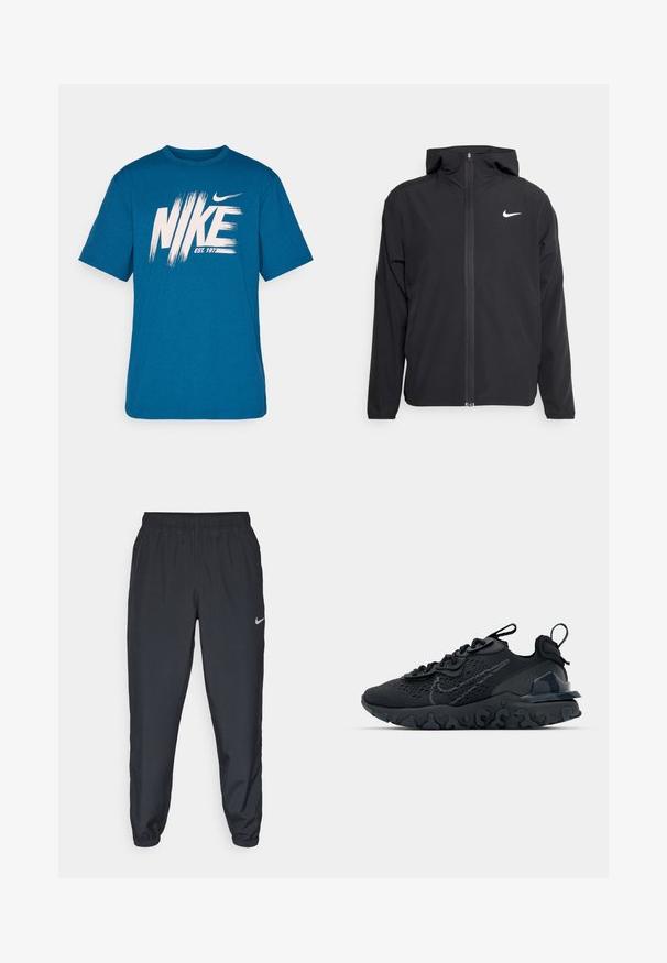Svart Nike-jakke med hette, full frontglidelås og en subtil hvit logo på venstre bryst. Glatt tekstur og lett design.; Blå bomull T-skjorte med et stort hvitt "NIKE"-logo med penselstrekseffekt og "EST. 1977"-tekst nedenfor, rund halslinning og korte ermer.; Svarte joggebukser laget av lett stoff med elastisk midje, ankelmanchetter og en diskret Nike-logo på venstre side.; Svart treningssko med et pustende nettobert overdel, teksturerte detaljer og en bølget gummisåle. Har reflekterende logo og snøresystem.