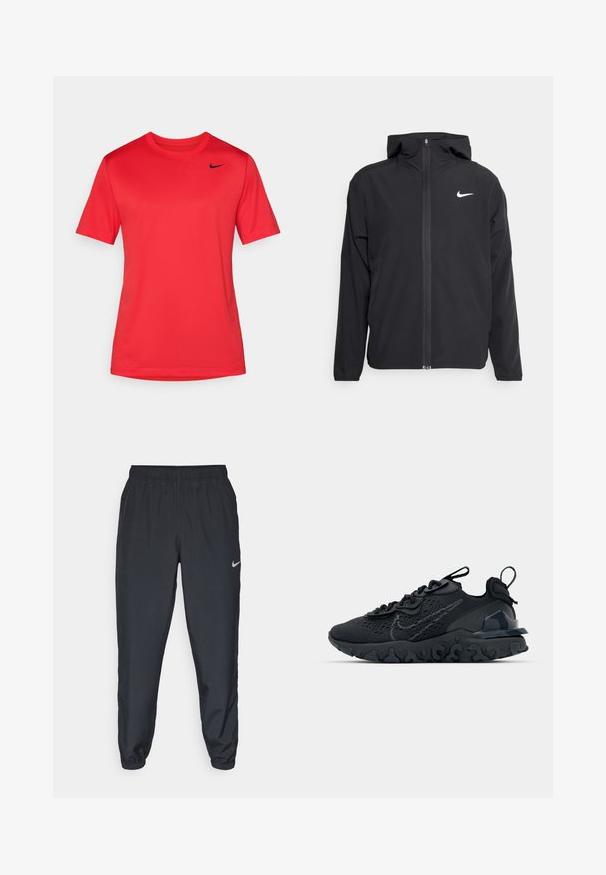Čierna bunda Nike so kapucňou, plným predným zipsom a diskrétnym bielym logom na ľavom prsníku. Hladká textúra a ľahká konštrukcia.; Červené športové tričko s krátkym rukávom a okrúhlym výstrihom, na hornej ľavej strane hrude s malým čiernym logom Nike swoosh.; Čierne teplákové nohavice vyrobené z ľahkého materiálu s elastickým pásom, manžetami na členkoch a diskrétnym logom Nike na ľavej strane.; Čierna atletická topánka s priedušným sieťovaným zvrškom, textúrovanými akcentmi a vlnovou gumovou podrážkou. Obsahuje reflexné logo a systém šnurovania.