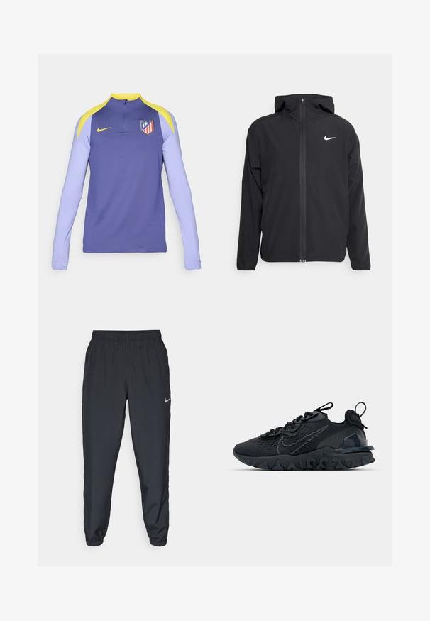 Casaco Nike preto com capuz, fecho frontal completo e um logótipo branco discreto no lado esquerdo do peito. Textura suave e design leve.; Camisa de desporto de manga longa roxa com detalhes amarelos, gola com fecho de meio-zíper e um logótipo da equipa no lado esquerdo do peito. Feita de um tecido suave.; Calças de treino pretas feitas de um tecido leve, com um cós elástico, punhos nos tornozelos e um discreto logótipo da Nike no lado esquerdo.; Sapatilha atlética preta com parte superior de malha respirável, detalhes texturizados e sola de borracha ondulada. Apresenta um logotipo reflexivo e um sistema de atilho.