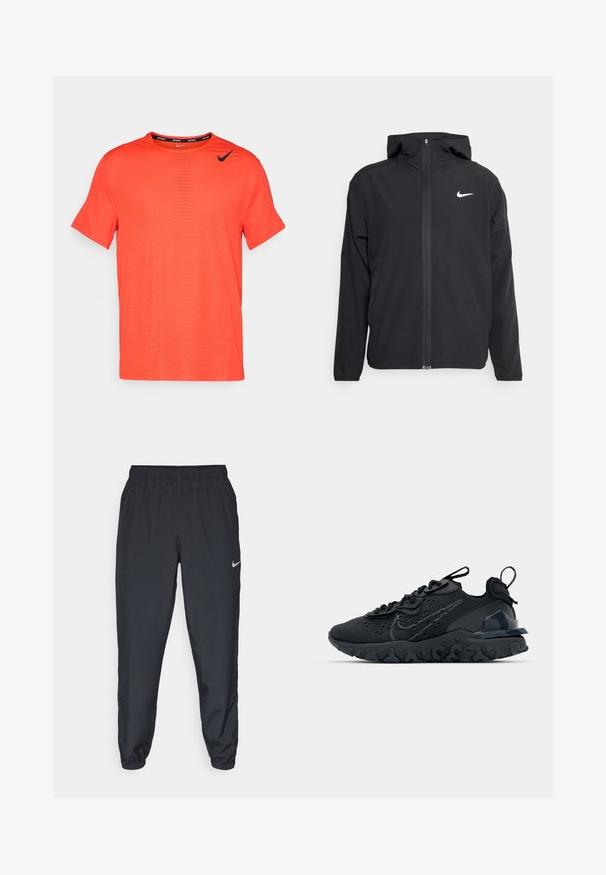 Casaco Nike preto com capuz, fecho frontal completo e um logótipo branco discreto no lado esquerdo do peito. Textura suave e design leve.; T-shirt de manga curta da Nike em laranja brilhante, com um decote redondo e um padrão perfurado subtil. Apresenta um logótipo da Nike em preto no ombro esquerdo.; Calças de treino pretas feitas de um tecido leve, com um cós elástico, punhos nos tornozelos e um discreto logótipo da Nike no lado esquerdo.; Sapatilha atlética preta com parte superior de malha respirável, detalhes texturizados e sola de borracha ondulada. Apresenta um logotipo reflexivo e um sistema de atilho.
