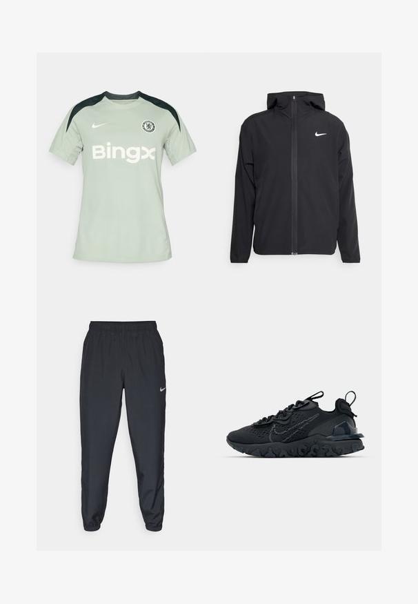 Veste Nike noire avec capuche, fermeture éclair sur toute la longueur à l'avant et un logo blanc discret sur la poitrine gauche. Texture lisse et design léger.; Maillot de football Nike vert clair avec des accents noirs, à manches courtes, col ras du cou, avec le logo "Bingx" et l'écusson de Chelsea FC sur la poitrine.; Pantalon de jogging noir en tissu léger avec une ceinture élastique, des poignets aux chevilles et un logo Nike discret sur le côté gauche.; Chaussure de sport noire avec une tige en mesh respirant, des accents texturés et une semelle en caoutchouc ondulée. Comprend un logo réfléchissant et un système de laçage.