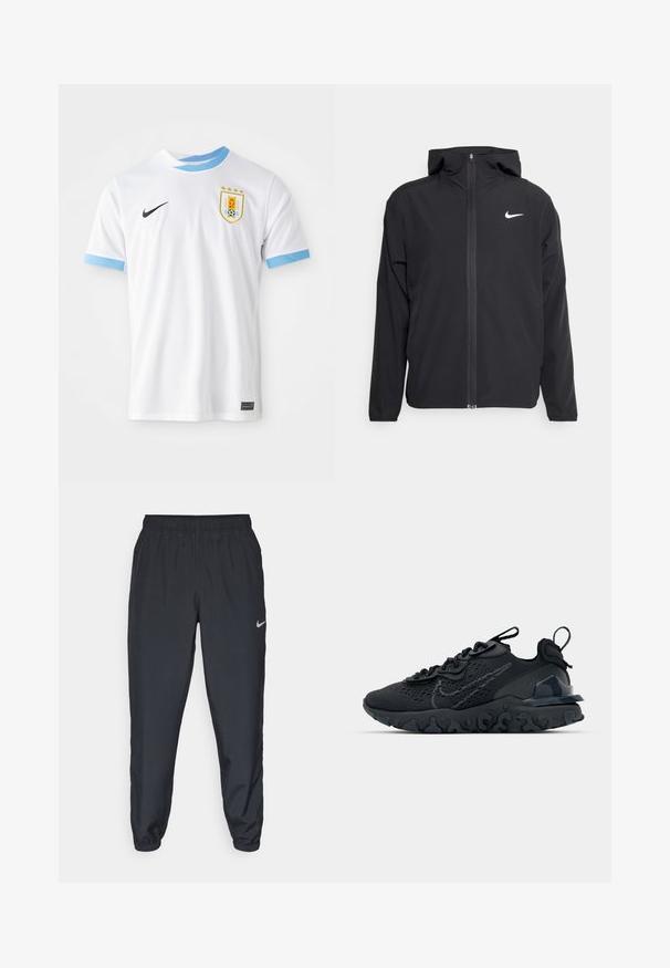 Veste Nike noire avec capuche, fermeture éclair sur toute la longueur à l'avant et un logo blanc discret sur la poitrine gauche. Texture lisse et design léger.; Maillot de football Nike blanc avec des accents bleu clair sur le col et les manches. Présente un badge avec un blason et trois étoiles au-dessus.; Pantalon de jogging noir en tissu léger avec une ceinture élastique, des poignets aux chevilles et un logo Nike discret sur le côté gauche.; Chaussure de sport noire avec une tige en mesh respirant, des accents texturés et une semelle en caoutchouc ondulée. Comprend un logo réfléchissant et un système de laçage.