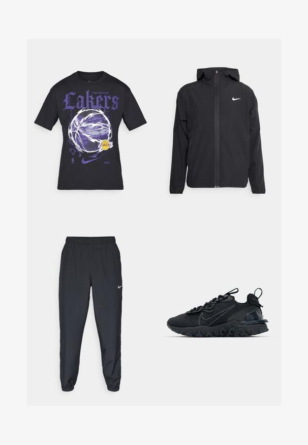 Juodas Nike džemperis su gobtuvu, pilnu priekinio užtrauktuko uždarymu ir subtilia balta logo ant kairiojo krūtinės. Lygus paviršius ir lengvas dizainas.; Juodas medvilninis marškinėlis su didele purpurine "Lakers" teksto užrašu, krepšinio grafika ir NBA/Nike logotipais. Trumpomis rankovėmis, standartinio pjaustymo.; Juodos sportinės kelnės iš lengvos medžiagos su elastinga juosta, kulkšnies rankovėmis ir diskretišku Nike logotipu kairėje pusėje.; Juoda sportinė avalynė su kvėpuojančiu tinkliniu viršumi, tekstūruotais akcentais ir banguota guma padais. Yra atspindintis logotipas ir raištelių sistema.