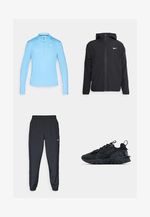 Schwarze Nike-Jacke mit Kapuze, vollem Reißverschluss vorne und einem dezenten weißen Logo auf der linken Brust. Glatte Textur und leichtes Design.; Helles blaues, langärmliges Sportoberteil mit einem Reißverschlusskragen, gefertigt aus glattem Stoff und mit dem weißen Nike-Logo auf der linken Brust.; Schwarze Trainingshose aus einem leichten Stoff mit elastischem Bund, Knöchelabschlüssen und einem dezenten Nike-Logo auf der linken Seite.; Schwarzer Sportschuh mit atmungsaktivem Mesh-Obermaterial, strukturierten Akzenten und einer wellenförmigen Gummisohle. Verfügt über ein reflektierendes Logo und ein Schnürsystem.
