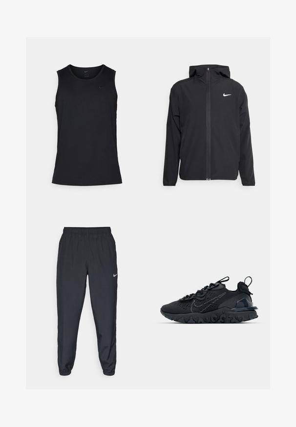 Schwarze Nike-Jacke mit Kapuze, vollem Reißverschluss vorne und einem dezenten weißen Logo auf der linken Brust. Glatte Textur und leichtes Design.; Schwarzes Sport-Tanktop aus glattem Stoff. Verfügt über einen runden Ausschnitt und ärmelloses Design, mit einem kleinen Nike-Logo auf der Brust.; Schwarze Trainingshose aus einem leichten Stoff mit elastischem Bund, Knöchelabschlüssen und einem dezenten Nike-Logo auf der linken Seite.; Schwarzer Sportschuh mit atmungsaktivem Mesh-Obermaterial, strukturierten Akzenten und einer wellenförmigen Gummisohle. Verfügt über ein reflektierendes Logo und ein Schnürsystem.