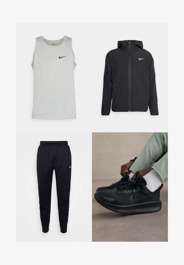 Crna Nike jakna s kapuljačom, punim prednjim patentnim zatvaračem i suptilnim bijelim logotipom na lijevoj strani prsnog koša. Glatka tekstura i lagani dizajn.; Svijetlo siva bezubna atletska majica od teksturiranog materijala, s crnim Nike logotipom na prsima i okruglim izrezom.; Crne Nike trenirke s elastičnim pojasom, suženim nogavicama i suptilnim logotipom. Izrađene su od glatkog materijala s jednostavnim dizajnom.; Crne Nike tenisice za trčanje imaju gornji dio od mrežice, teksturirani potplat i minimalno brendiranje. Dizajn je pojednostavljen i izgleda atletično.