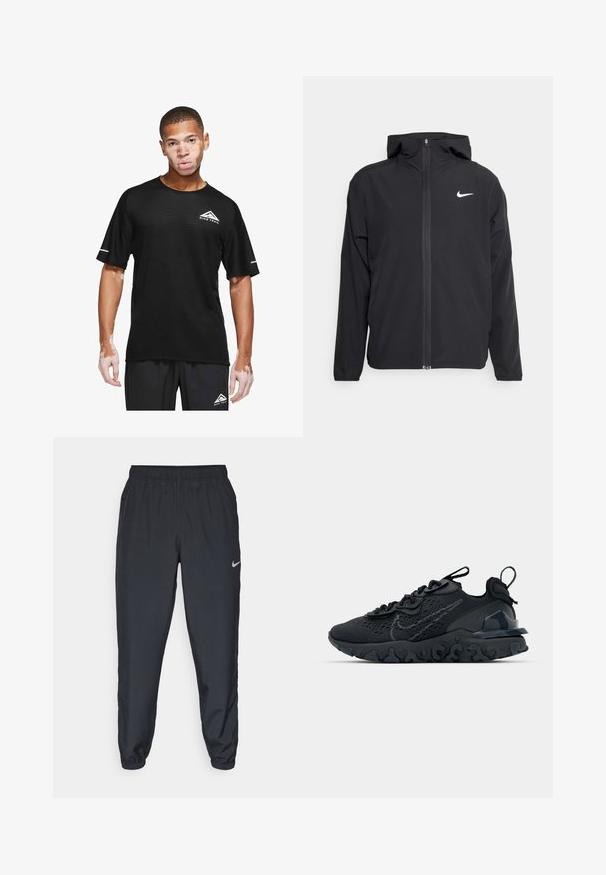 Svart Nike-jakke med hette, full frontglidelås og en subtil hvit logo på venstre bryst. Glatt tekstur og lett design.; Nike Performance SOLAR CHASE - T-skjorte til trening - black/white; Svarte joggebukser laget av lett stoff med elastisk midje, ankelmanchetter og en diskret Nike-logo på venstre side.; Svart treningssko med et pustende nettobert overdel, teksturerte detaljer og en bølget gummisåle. Har reflekterende logo og snøresystem.