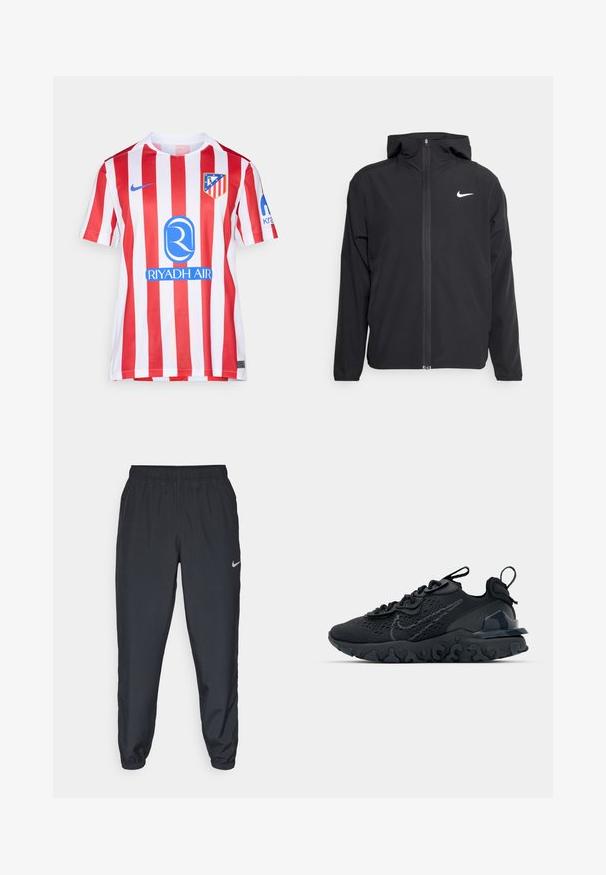 Črna Nike jakna z oblogo, polnim zadrgo in diskretnim belim logotipom na levi strani prsnega koša. Gladka tekstura in lahka zasnova.; Rdeča in bela črtasta nogometna majica z okroglim ovratnikom, Nike logo in modrim sponzorskim logotipom. Vsebuje grb na levi prsni strani.; Črne trenirke iz lahkega materiala z elastičnim pasom, manšetami na gležnjih in diskretnim logotipom Nike na levi strani.; Črne športne čevlje z zračno mrežno zgornjim delom, strukturiranimi dodatki in valovitim gumijastim podplatom. Imajo odsevni logo in sistem vezalk.