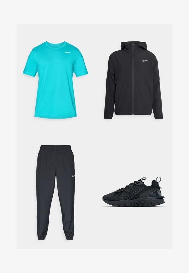 Čierna bunda Nike so kapucňou, plným predným zipsom a diskrétnym bielym logom na ľavom prsníku. Hladká textúra a ľahká konštrukcia.; Tyrkysové tričko s krátkym rukávom vyrobené z hladkého materiálu. Má okrúhly výstrih a malé biele logo Nike na hornej ľavej strane.; Čierne teplákové nohavice vyrobené z ľahkého materiálu s elastickým pásom, manžetami na členkoch a diskrétnym logom Nike na ľavej strane.; Čierna atletická topánka s priedušným sieťovaným zvrškom, textúrovanými akcentmi a vlnovou gumovou podrážkou. Obsahuje reflexné logo a systém šnurovania.