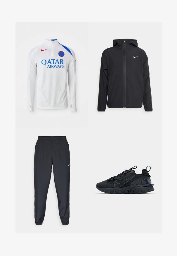 Schwarze Nike-Jacke mit Kapuze, vollem Reißverschluss vorne und einem dezenten weißen Logo auf der linken Brust. Glatte Textur und leichtes Design.; Weißes Langarmtrikot mit blauen Schulterakzenten, einem halben Reißverschlusskragen, strukturiertem Stoff und rotem Nike-Logo; trägt "QATAR AIRWAYS" in Blau.; Schwarze Trainingshose aus einem leichten Stoff mit elastischem Bund, Knöchelabschlüssen und einem dezenten Nike-Logo auf der linken Seite.; Schwarzer Sportschuh mit atmungsaktivem Mesh-Obermaterial, strukturierten Akzenten und einer wellenförmigen Gummisohle. Verfügt über ein reflektierendes Logo und ein Schnürsystem.
